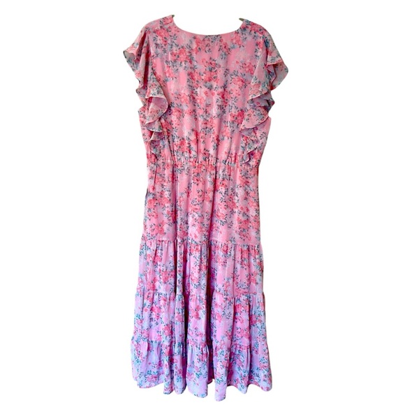 Charles Henry Ruffle Sleeve Floral Faux Wrap Dress in Pink Blossom (1X) - Picture 3 of 9